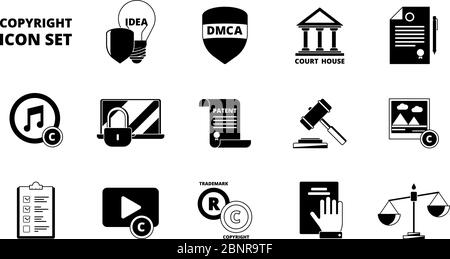 Policy copyright icon. Terms and conditions legal patent compliance standards individual rights protection vector black symbols Stock Vector
