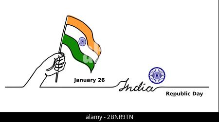 India Republic Day vector background, web banner,poster. One continuous line drawing concept with hand, Indian flag banner, lettering Stock Vector