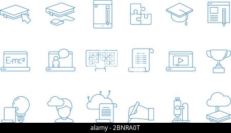 Online education icons. Training study courses college special school with web computer distance tutorials vector linear symbols Stock Vector