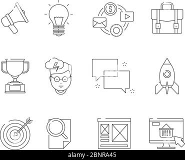 Social media line symbols. Seo business promotion marketing email discussion web advertizing flat vector icons pack isolated Stock Vector