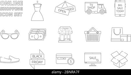 E-store icons. Web online shopping retail products electronic market smartphone pc sales discount cards money clothes vector thine line Stock Vector