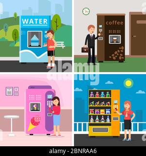 Vending machines food. People buying various snacks drink coffee crackers and crisp from automat vector concept pictures Stock Vector