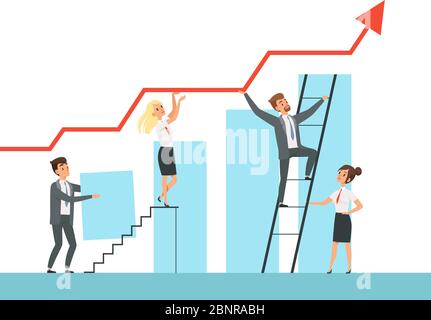 Team building. Business managers growth up stairs to their mentor leader vector concept characters Stock Vector
