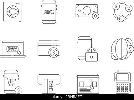 Online banking icon. Internet payment services automation mobile bank phone shopping payments vector thin line symbols Stock Vector