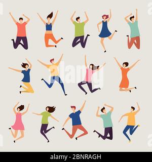 Jumping people. Young and adult laughing happy group characters vector flat illustrations Stock Vector