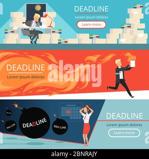 Deadline banners. Workload office managers work burnout in rush overload business personal directors vector cartoon characters Stock Vector