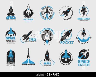 Rocket logo. Space satelite retro shuttle moon discovery logotypes of observatory vector black badges isolated Stock Vector