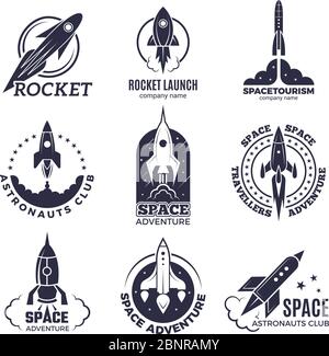 Space logotypes. Rockets and flight shuttle moon discovery business retro badges vector monochrome pictures Stock Vector