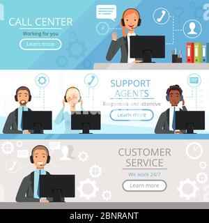 Call center banners. Support agents characters customer service phone helping operators vector cartoon illustrations Stock Vector