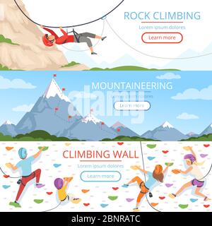 Mountain climbing pictures. Rope carabiner helmet rockie hills people extreme sport vector banners template with place for text Stock Vector