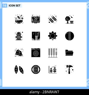 Set of 16 Commercial Solid Glyphs pack for city, spring, farm, park, bench Editable Vector Design Elements Stock Vector