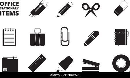 Office equipment icon. Stationary business items shredder keyboard folder paper pencils pens books journal vector black symbols Stock Vector