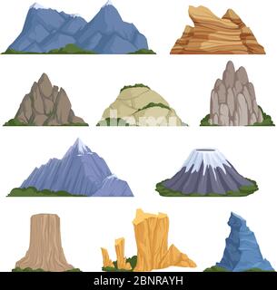 Rockies mountains. Volcano rock snow outdoor various types of relief for climbing and hiking vector cartoon illustrations Stock Vector