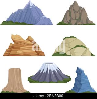 Cartoon mountains. Snow rockies summer terrain outdoor rock landscape vector background isolated Stock Vector