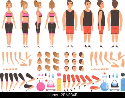 Sport people animation. Fitness male and female workout mascots body parts vector creation kit Stock Vector