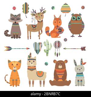 Cute ethnic animals. Tribal kid wild zoo bear owl raccoon tiger with feathers arrows and patterns vector design characters Stock Vector