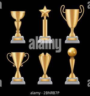 Award trophies realistic. Golden cup sport success star symbols vector 3d illustrations isolated Stock Vector