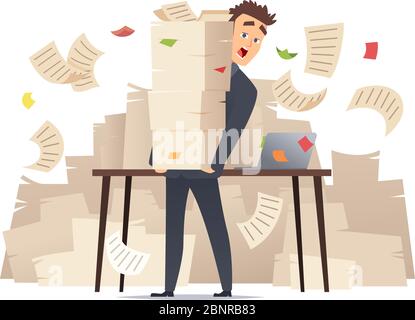 Workload businessman. Overwork office manager director sitting at table over much papers documents bureaucracy vector cartoon concept Stock Vector