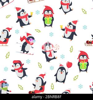 Pinguin seamless pattern. Cartoon textile design with vector illustration of winter snow wild cute animal in various action pose Stock Vector