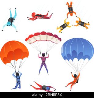 Parachute jumpers. Extreme sport skydiving paragliding male and female sportsmen in sky vector characters Stock Vector