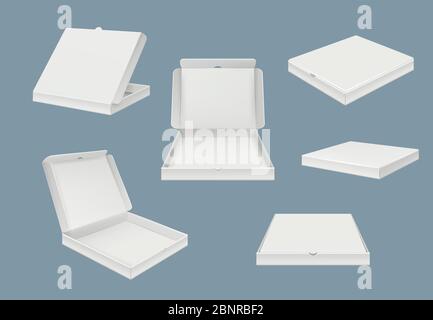 Pizza package mockup. Fast food delivery cardboard open and closed box of various views vector realistic template Stock Vector