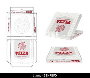 Pizza box design. Realistic fast food mockup, cardboard branded