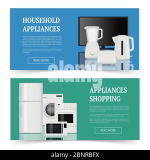 Appliances shopping. Advertising of electrical home household equipment kitchen items vector realistic banners template Stock Vector