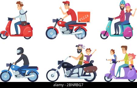 Motorcycle driving. Man rides with woman and kids postal food pizza deliver vector characters cartoon Stock Vector