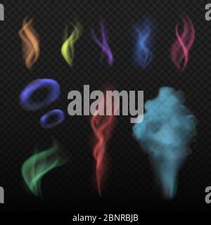 Colored smoke. Steam and smell spread buring haze colorful vector collection realistic set Stock Vector
