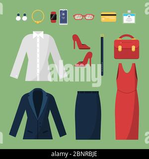 Woman clothes. Fashion business style for female office managers directors wardrobe skirt suit jacket hat bag vector top view illustrations Stock Vector