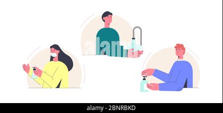 Disinfection coronovirus. Proper hand treatment girl in mask guy puts disinfecting gel his hands. Stock Vector
