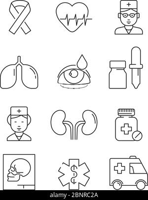 Health care line icons. Medical stroke symbols prescription doctor in hospital laboratory clinic health medicaments vector pictures Stock Vector