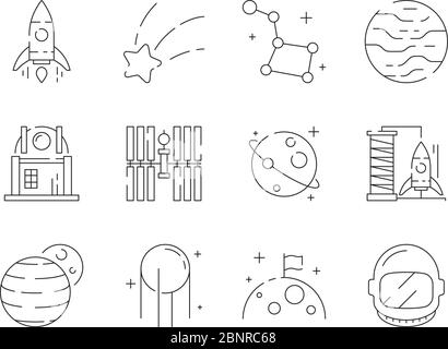 Space thin icon. Universe earth discovery astronaut rocket observatory stars telescope alien vector outline symbols Stock Vector