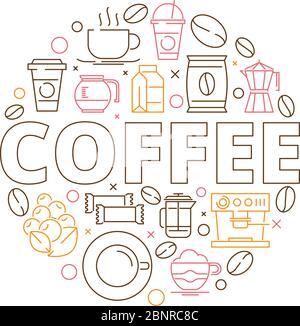 Coffee icons background. Circle shape from coffee grains espresso mill hot drink cups cupcakes vector thin line design Stock Vector
