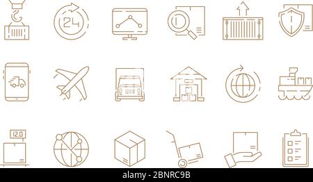 Logistic thin symbols. Delivering boxes and transport van free shipment sea freight vector outline icons collection Stock Vector