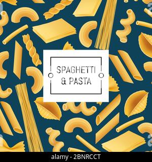 Vector realistic pasta types illustration with pattern background Stock Vector