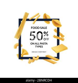 Vector realistic pasta types with place for text illustration Stock Vector