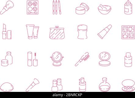 Cosmetics icon. Beauty woman makeup items cream gel lipstick eyeshadows nail polish vector outline pictures Stock Vector