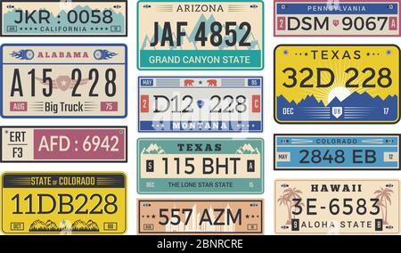 Automobile plate license. Utah usa or indiana different state car registration template vector design Stock Vector