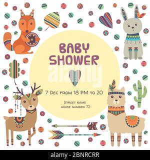 Baby shower label. Ethnic cute little animals fox squirrel deer and llama with tribal pattern and feathers vector poster template Stock Vector