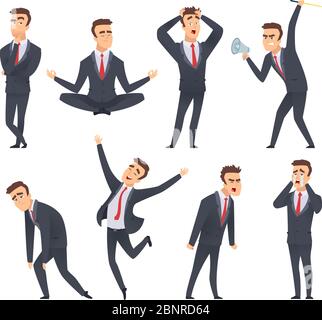 Businessman emotions. Angry kind sweet smiling happy satisfied different faces and poses of office managers vector characters Stock Vector