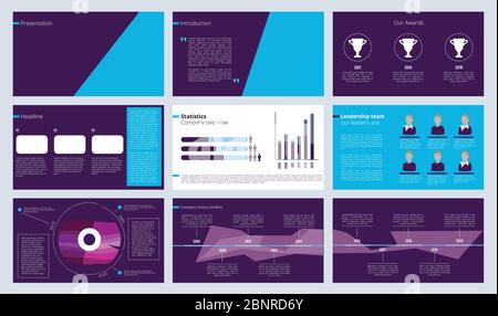 Slideshow template. Business magazine pages or annual report designs with colored abstract shapes and text vector Stock Vector