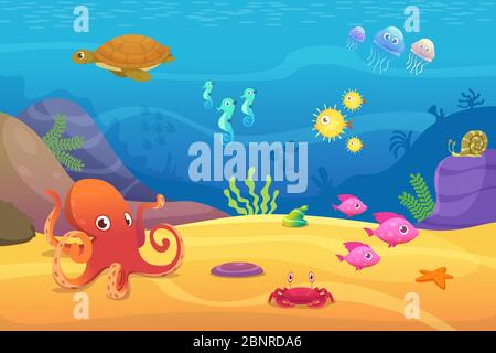 Underwater life. Aquarium cartoon fish ocean and sea animals vector background Stock Vector