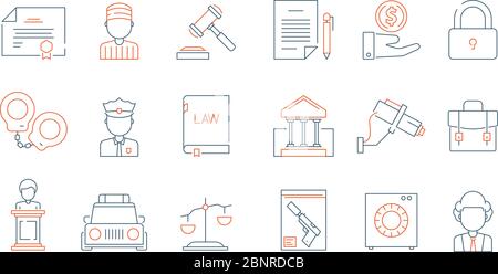 Law thin symbols. Licence accounting legal justice lawyer vector linear colored icon collection Stock Vector