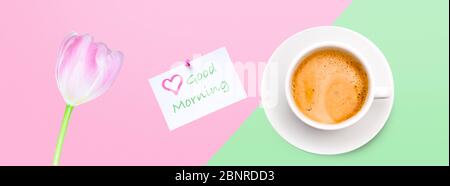 'Good morning' greeting with flowers and coffee Stock Photo