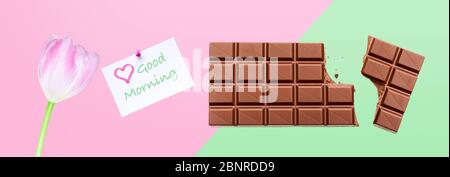 'Good morning' greeting with flowers and chocolate Stock Photo