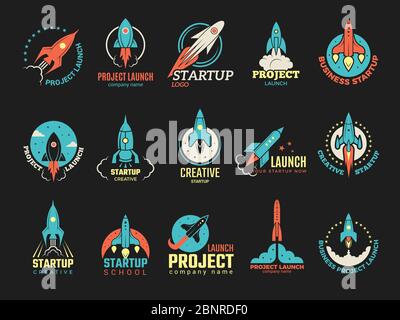 Startup logo. Business launch perfect idea spaceship rocket shuttle startup symbols vector colored badges Stock Vector