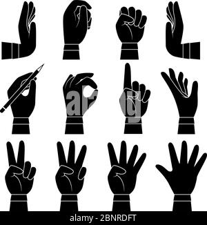 Hands gesture collection. Male and female arms palms and fingers pointing giving taking touch holding vector cartoon silhouette Stock Vector