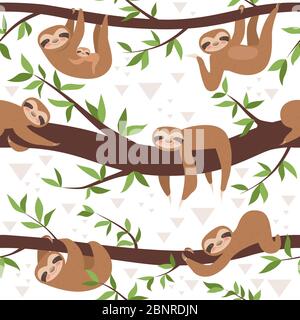 Sloth seamless. Cute little sleepy baby animal textile pattern family hanging vector concept Stock Vector