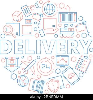 Logistic supplies. Delivery service items binding in circle shape package transport survey warehouse vector concept picture Stock Vector